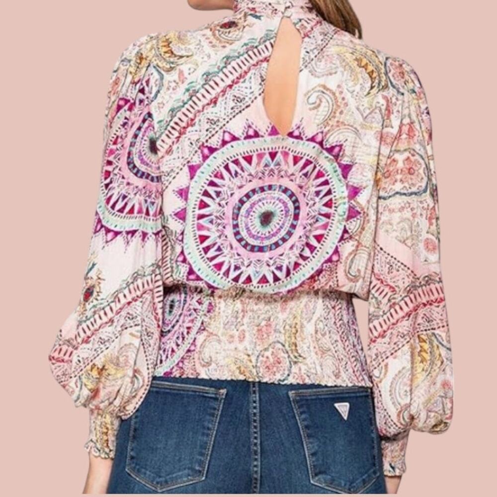 GUESS Monique Printed Mock Neck Smocked Blouse - Size L - Picture 2 of 12